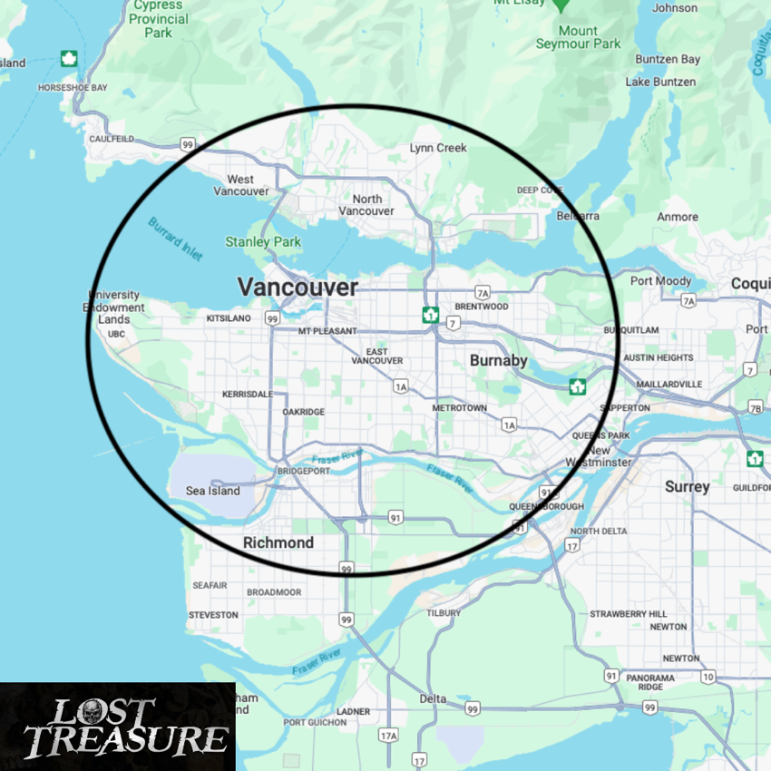 Map of the hunt boundaries — a circle covering Vancouver, Burnaby, and surrounding areas