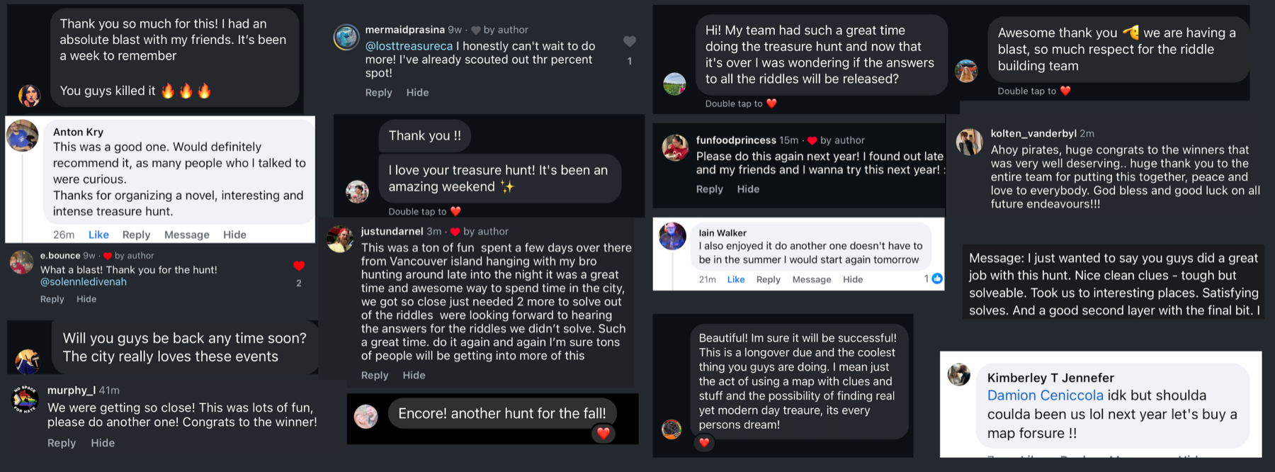 Screenshots of real messages from treasure hunters praising the event